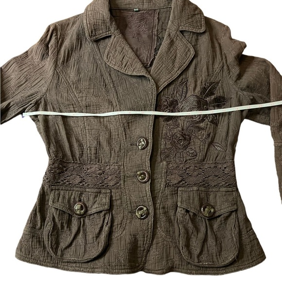 LOVE POLLY WOMENS CHOCOLATE BROWN JACKET WITH FLORAL EMBROIDERY SIZE MEDIUM - Picture 7 of 11